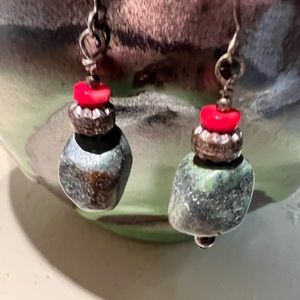 Red Green and Bronze Dangle Earrings
